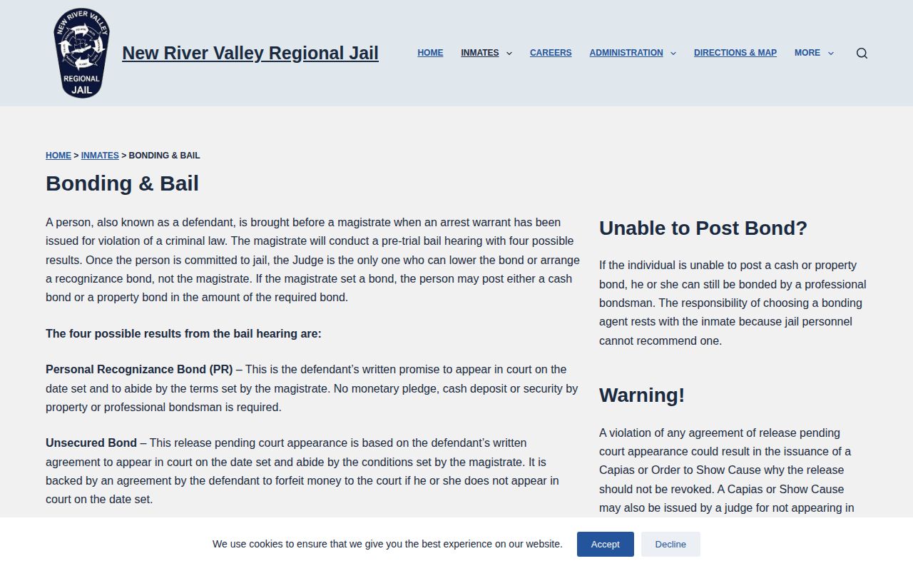 Pulaski County NRVRJ booking bond outcome information