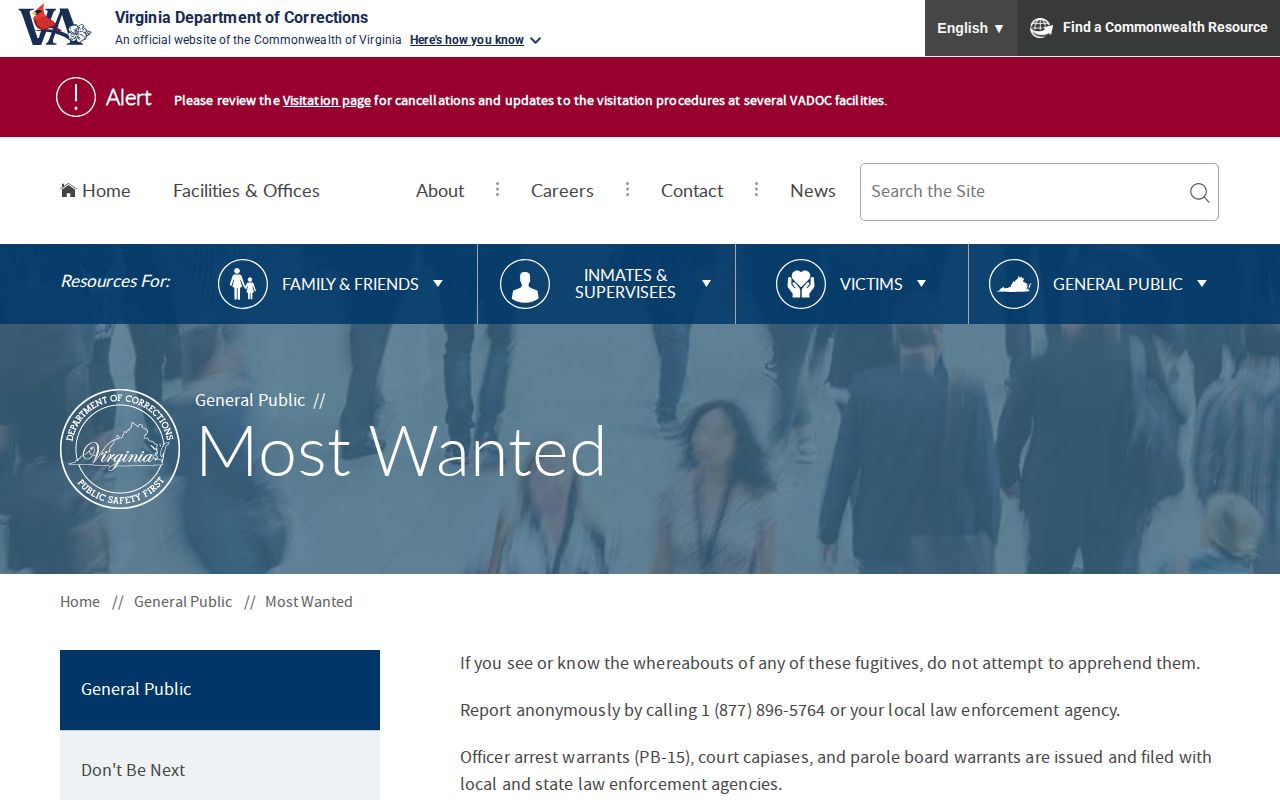 Pulaski County warrant-record context, Virginia VADOC official wanted fugitives list